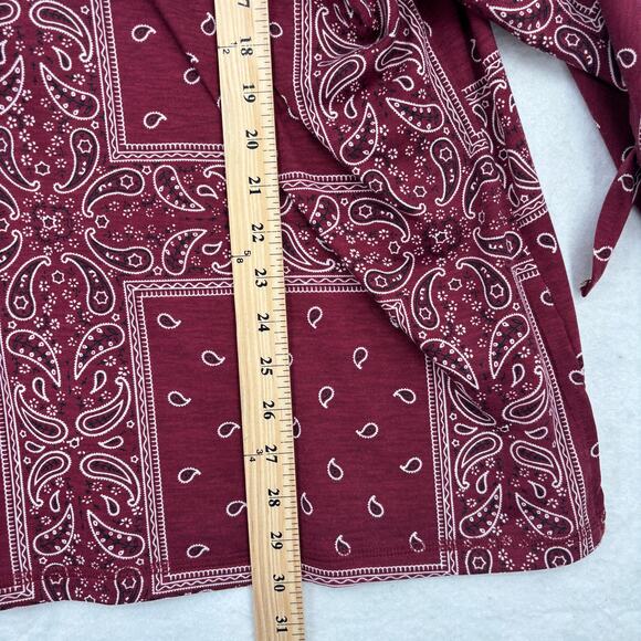 Weekend Suzanne Betro Blouse 1X Red Paisley Bandana Print Tie Sleeve Stretch - Picture 11 of 13